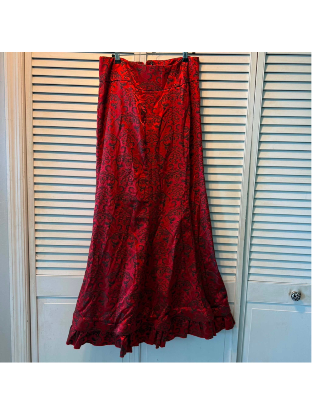 Belle Poque Red Black Brocade Corset Lace-Up Ruffled Maxi Skirt Gothic Victorian - Picture 2 of 13